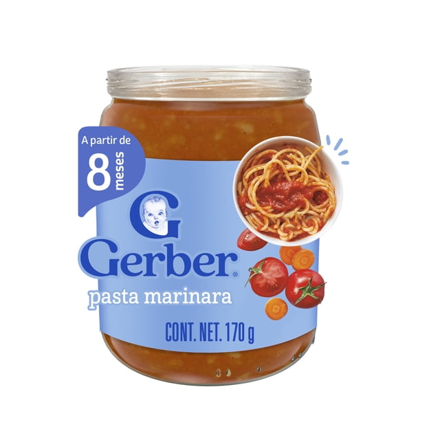 papilla gerber etapa 3 sabor pasta marinara 170 g frasco frontal con etiqueta azul que muestra la marca Gerber, leyenda "A partir de 8 meses" y "CONT. NET. 170 g"; puré rojo con trozos finos visible dentro del frasco, ilustración de espagueti, tomate y rodajas de zanahoria en la etiqueta, alimento para lactantes.