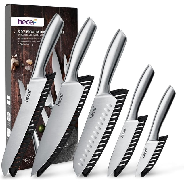 juego de cuchillos de cocina hecef de acero inoxidable 5 piezas con mango ergonómico conjunto frontal con chef 20 cm, santoku 20 cm con alvéolos visibles, para pan 20 cm, multiusos 13 cm y pelador 9 cm; fabricados en una sola pieza de acero inoxidable según especificaciones, acabado plata, mangos huecos ergonómicos y fundas negras ventiladas para almacenamiento seguro; adecuado para departamentos modernos y como primer set de cocina profesional.