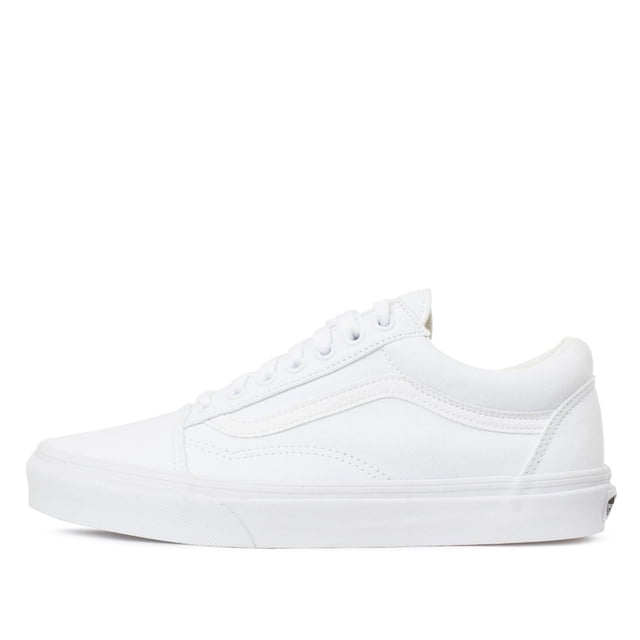 tenis vans old skool - 0d3hw00 - blanco - unisex blanco 24 vista lateral derecha de un zapato Old Skool blanco; parte superior textil con aplicaciones sintéticas, cuello acolchado y plantilla textil, sistema de amarre con cordones y ojales metálicos, entresuela y suela vulcanizada de caucho sintético. Adecuados para uso diario y skate; su perfil compacto los hace adecuados para guardado en compartimentos de mochila.