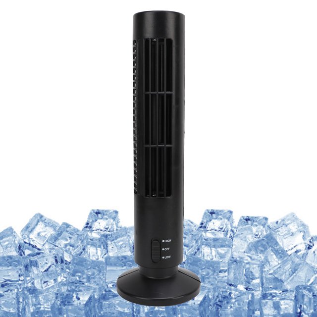 ventilador de torre, ventilador sin aspas de pie silencioso portátil multifuncional negro de 2 velocidades para dormitorio vista frontal centrada de torre cilíndrica negra en ABS con rejilla vertical, base circular y botón con posiciones HIGH/OFF/LOW; imagen incluye cubos de hielo decorativos; paquete indica cable USB incluido; también apto como elemento decorativo en oficina o dormitorio.