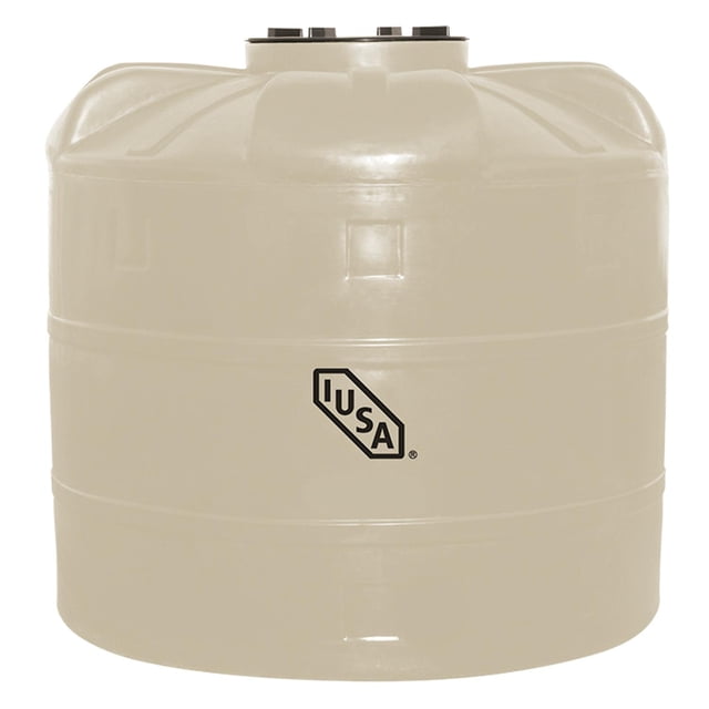 tinaco bicapa iusa, 2500 l beige: vista frontal centrada de tanque cilíndrico bicapa color beige con logo IUSA en el centro y múltiples tapas superiores; diseñado para instalación exterior y almacenamiento de agua de red, también adecuado como depósito de reserva doméstica.