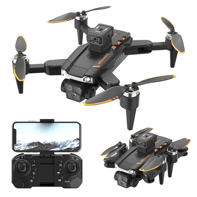 dron con motor sin escobillas y 3 cámaras. quadcopter fpv con wifi 4g y seguimiento sin cabeza, retención de altitud, juguetes para evitar obstáculos, regalos para niños y adultos. avión inteligente — Vista frontal y en tres cuartos de un dron negro plegable con hélices negras y puntas amarillas y detalles naranjas; se observan cámara frontal 1080P con lente rotativa 90°, cámara inferior para Opticalflow y módulo FPV superior. Incluye control remoto negro con soporte para teléfono mostrando transmisión WiFi en vivo; menciona motor brushless, posicionamiento Opticalflow, retención de altitud, esquiva de obstáculos 360° y modos headless y Follow Me. Suele recomendarse como regalo para principiantes y entusiastas por su tamaño compacto y estuche incluido.