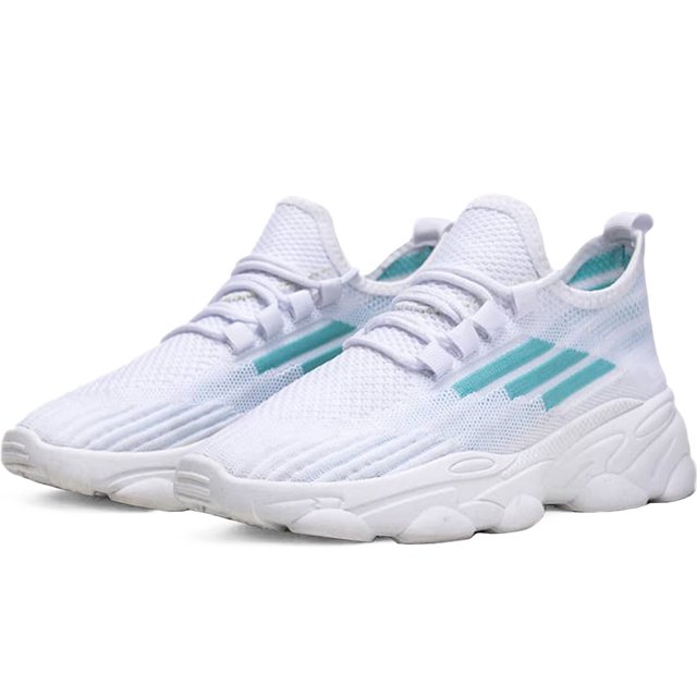 tenis mujer, zapatos mujer deportivos, zapatos de malla transpirable para mujer, zapatillas de deporte casuales de moda para entrenamiento caminar correr gimnasio Blanco Shendy Vendy — Par 3/4 frontal de tenis blancos con tejido de malla transpirable, bandas turquesa en el lateral, cordones planos, suela blanca con dibujo de tracción y tirilla en el talón; diseño liviano visible, fondo neutro, aptos para caminar, correr y gimnasio; también usados frecuentemente para viajes y uso diario.