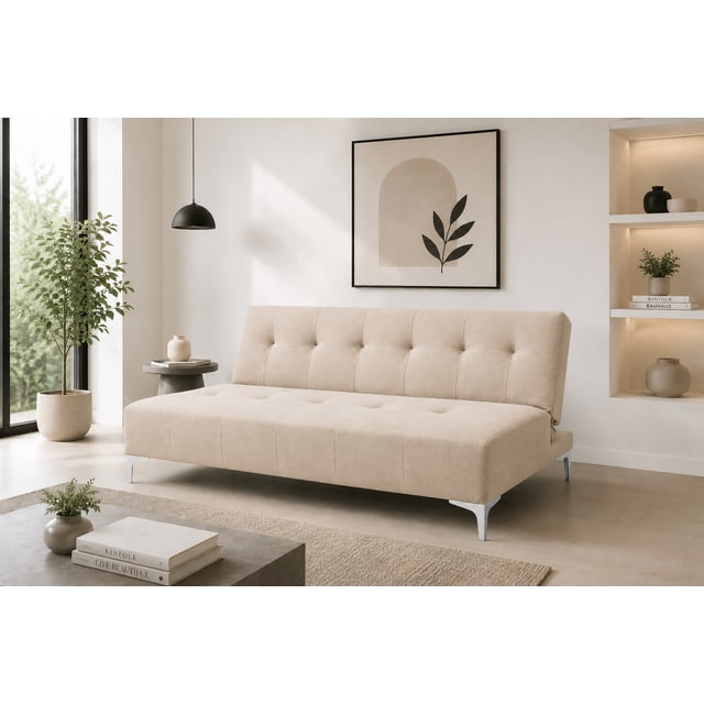sofá cama reclinable el bazar store vegas lino beige futón 3 posiciones, vista frontal 3/4; sofá cama tapizado en lino beige con respaldo y asiento abotonados, hule espuma de alta densidad y patas metálicas plateadas, medidas: alto 75 cm, largo 170 cm, profundidad 80 cm; ideal para sala o cuarto de estudio y a menudo usado como cama ocasional para visitas.