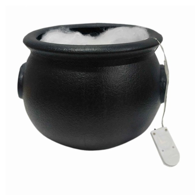 tazón de con caldero de , regalo de halloween, suministros de fiesta novedosos y espeluznantes, accesorio de fotos para porche, mesa, l con luz de 5 m Caldero de bruja negro de polipropileno, vista frontal centrada; cuerpo redondeado con borde ancho y asa, interior con relleno blanco tipo niebla y cable con controlador blanco para la luz verde de 5 m; medidas aprox. 20×20×16 cm, apto para decoración de porche o mesa y para usar como cubo de dulces en fiestas de Halloween.