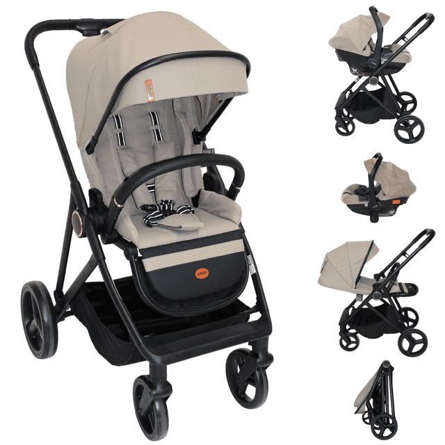 system travel carriola sicilia + portabebé plagado compacto telas premium beige Carriola de paseo iBaby en beige, vista 3/4 frontal con chasis negro y capota XXL desplegada; asiento acolchado con respaldo reclinable en 3 posiciones, arnés de 5 puntos con protectores, reposapiés ajustable en 3 niveles, barra frontal y canasto inferior visibles; miniaturas muestran portabebé acolchado incluido, montaje en chasis y plegado compacto. Often used as a travel-friendly stroller for quick transfers between car and stroller.