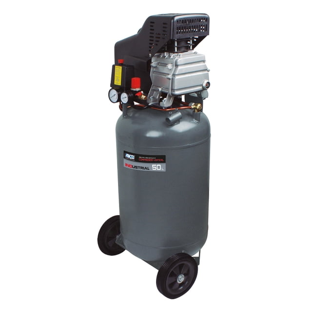 compresor de aire aksi 50 lts 4 hp 2985w 120v industrial, vista 3/4 frontal de tanque vertical gris de 50 L con motor y carcasa negra arriba; manómetro y regulador visibles, manija de transporte, mirilla de nivel de aceite y dos llantas negras en la base. Ideal para talleres y carpintería; suele usarse también para inflar herramientas neumáticas pequeñas.