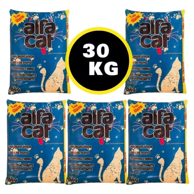 arena para gato alfa cat (5 bolsas de 6 kg) 30 kg Paquete de cinco bolsas azules con logo Alfa Cat y sello central '30 KG', ilustración de un gato y texto visible que indica: hipoalergénica, libre de polvo, aglutinante que facilita la formación de terrones y ayuda a controlar los malos olores.