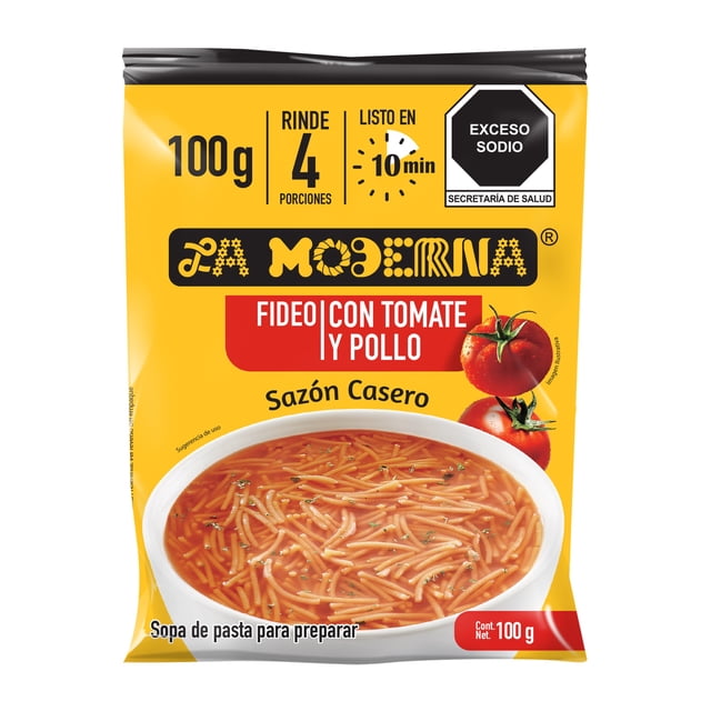 sopa de fideo la moderna con tomate y pollo 100 g paquete frontal amarillo con logo La Moderna, etiqueta roja “Fideo con tomate y pollo”, bol blanco con sopa de fideo en caldo de tomate, rinde 4 porciones, listo en 10 min, peso neto 100 g y aviso de exceso sodio. Ideal para darle un sabor casero a las comidas familiares.
