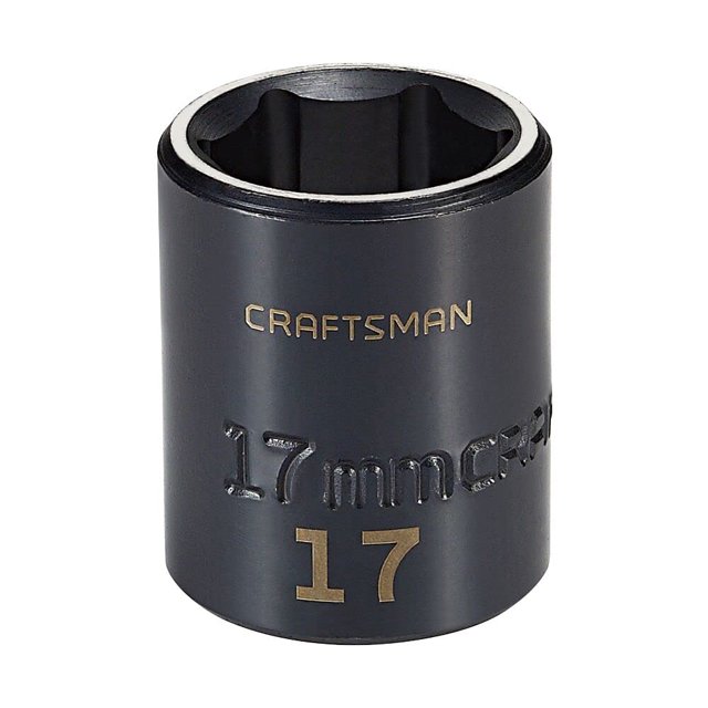 empalme métrico impact socket craftsman shallow de 17 mm 3/8 pulgadas Zócalo de impacto Craftsman poco profundo con accionamiento de 3/8 in (0.669 in, CMMT15845), acabado óxido negro, interior de 6 puntos visible, marcas y '17' grabadas para identificación rápida; también suele usarse con llaves de impacto compactas.