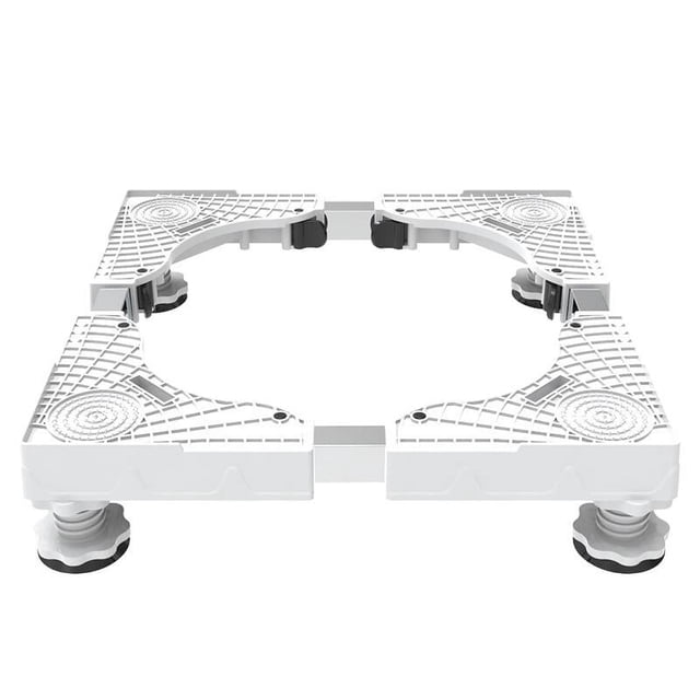 base ajustable para lavadora macarena soporte ligero para refrigerador poco ruido, base móvil blanca en 3/4 con cuatro pies regulables de polipropileno, plataformas texturizadas antideslizantes en las esquinas y barras extensibles que ajustan de 40x40x7 cm a 60x60x9 cm; almohadillas inferiores para reducción de ruido y cierre de bloqueo, también adecuada como base móvil para refrigeradores o secadoras.