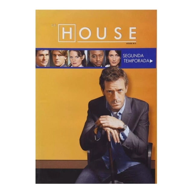 doctor dr house segunda temporada 2 dos serie dvd universal portada frontal del DVD con fondo amarillo; vista centrada del personaje sentado con saco y bastón, banda azul con pequeñas fotos del elenco y texto "SEGUNDA TEMPORADA"; 6 discos, audio inglés y portugués y subtítulos en español según ficha.