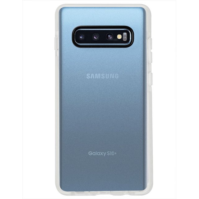 funda para samsung galaxy s10 plus instacase antigolpes uso rudo color blanco, vista trasera centrada de Galaxy S10+ dentro de funda blanca de TPU 3 mm con orilla reforzada de caucho y bordes elevados de 3 mm que protegen cámara y pantalla, recortes precisos para cámara y botones y textura lateral para mejor agarre; a menudo usada también para proteger el teléfono en viajes o trabajo de campo.