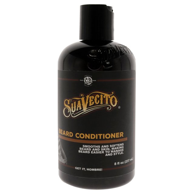 acondicionador para barba suavecito 8 oz botella negra frontal con etiqueta dorada Suavecito y texto 'Beard Conditioner', envase 8 fl oz (237 ml) para cuidado de la barba y suavizar el vello facial.