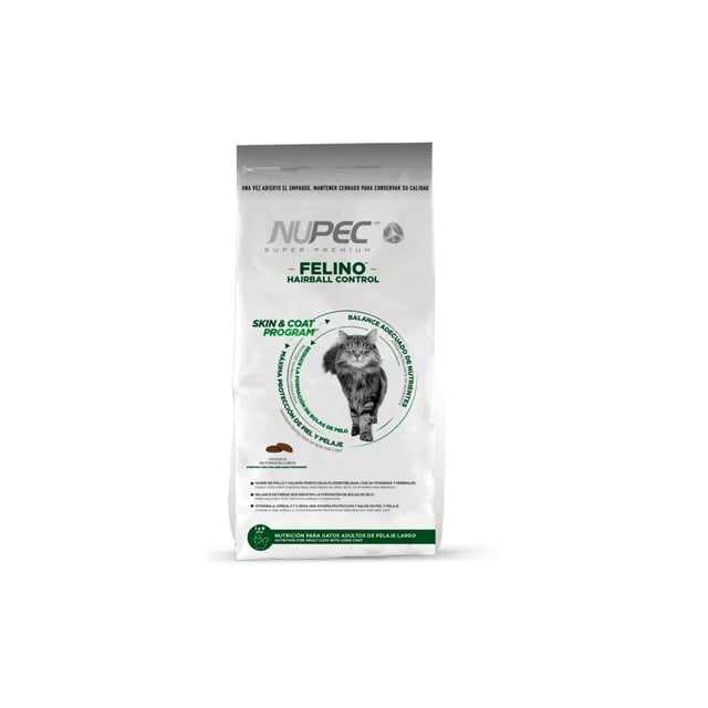 nupec felino hairball 1.5 kg Bolsa frontal blanca y verde con marca NUPEC y texto "FELINO HAIRBALL", sello circular con imagen de un gato de pelaje largo; indica control de bolas de pelo y protección de piel y pelaje, muestra croquetas en la parte inferior.