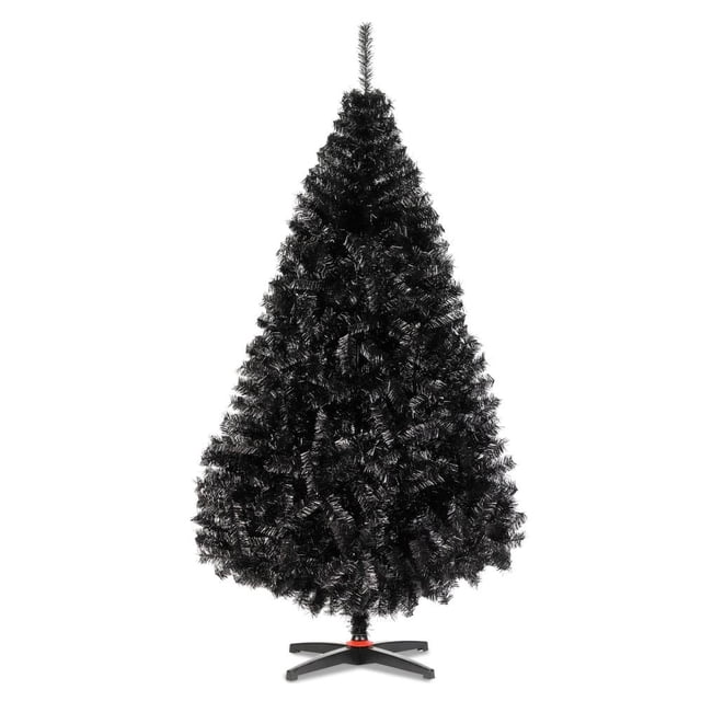 árbol de navidad naviplastic monarca de lujo color negro de 190 cm, plegable con 496 puntas y base de plástico de 4 patas; vista frontal centrada de pino artificial cónico con ramas densas y textura de agujas negras sobre fondo blanco. Suele usarse para decorar salas u oficinas y su diseño facilita armado y almacenamiento.