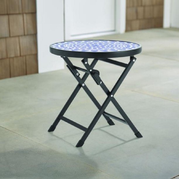 mesa auxiliar plegable de acero de 17,7 pulgadas de diámetro con tapa de vidrio impreso
