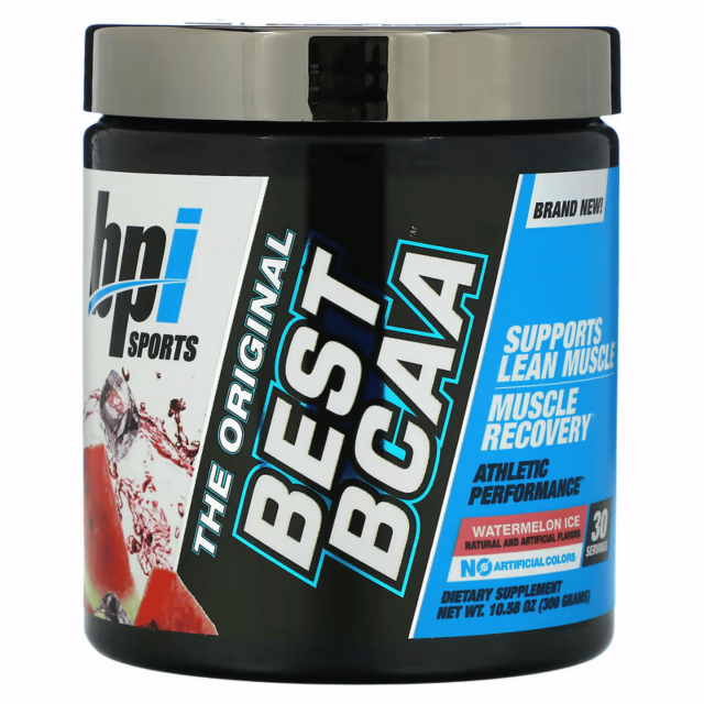 bpi best bcaa 300 grs 30 servicios watermelon ice — Vista frontal de envase negro con tapa plateada y logo BPI Sports; texto diagonal grande "BEST BCAA", panel azul que indica "Supports lean muscle, muscle recovery" y sabor Watermelon Ice, 30 servicios (300 g). Suelen usarse también para preparar bebidas de recuperación tras el entrenamiento.