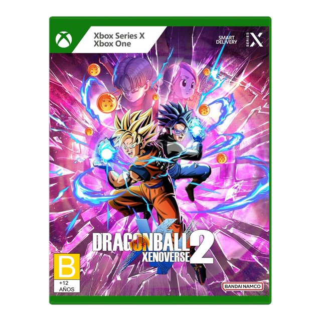 dragon ball xenoverse 2 xsx carátula del videojuego para Xbox Series X/Xbox One con personaje principal en pose de ataque con aura dorada tipo Super Saiyan y segundo luchador detrás, varias bolas de dragón flotando, fondo púrpura energético, logo del juego y sello Bandai Namco; portada que evoca acción y combate, adecuada para modos multijugador.
