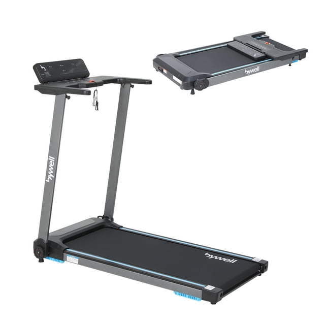 caminadora electrica ca016 bywell plegable 12 km/h negro vista 3/4 frontal con panel LED y banda de carrera; chasis negro con franjas azul claro y logo BYWELL en la base; tablero con botones PROG, START/PAUSE, STOP y SPEED +/-, llave de seguridad y accesos rápidos a 3, 6 y 9 km/h; inserto superior derecho muestra la unidad plegada para almacenamiento. Adecuada para entrenamientos en casa y frecuentemente usada para sesiones de caminata ligera o trote suave en espacios pequeños.