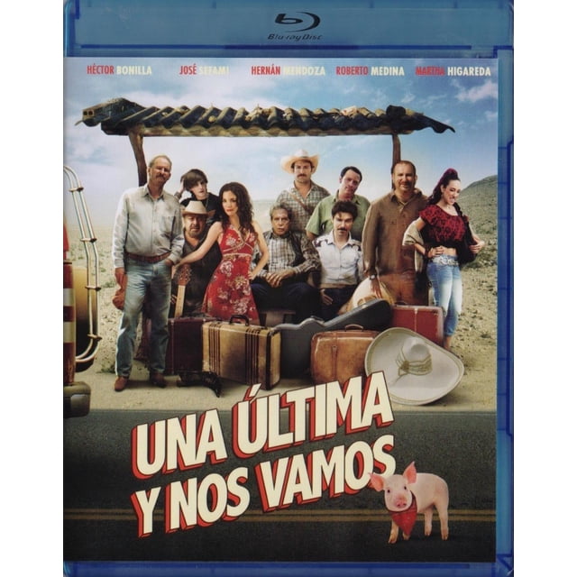 una ultima y nos vamos martha higareda pelicula blu-ray Blu-ray con carátula frontal que muestra a un grupo de siete personajes junto a maletas y una camioneta en una carretera rural de México; comedia mexicana protagonizada por Martha Higareda, título grande en rojo y blanco "UNA ÚLTIMA Y NOS VAMOS" y un cerdito en primer plano.