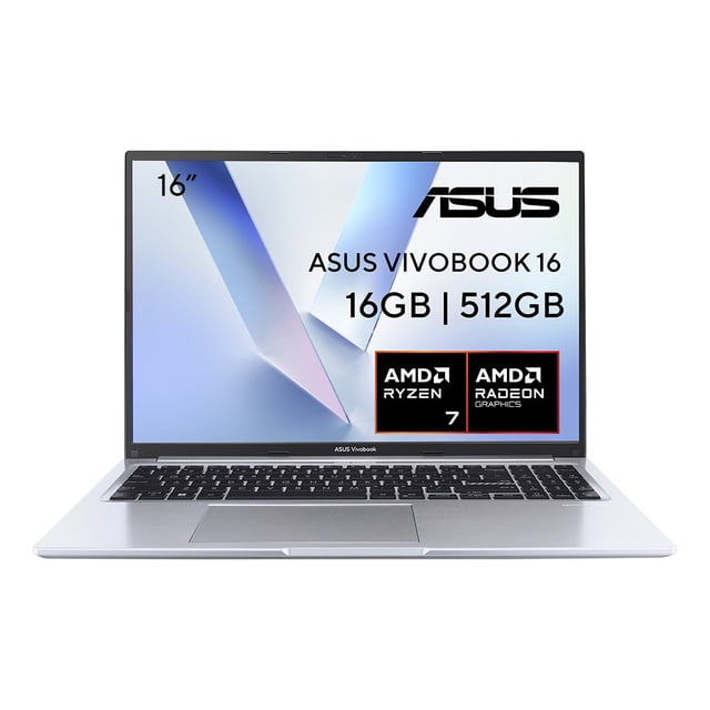 laptop asus vivobook m1605naq-mb087w r7 16gb 512gb Plata, vista frontal centrada con pantalla WUXGA de 16" 16:10 y marco delgado, teclado plateado y touchpad; logos visibles de ASUS, AMD Ryzen 7 y Radeon y texto en pantalla indicando 16 GB y 512 GB. Suele usarse también como equipo portátil para edición ligera y multitarea en movilidad.