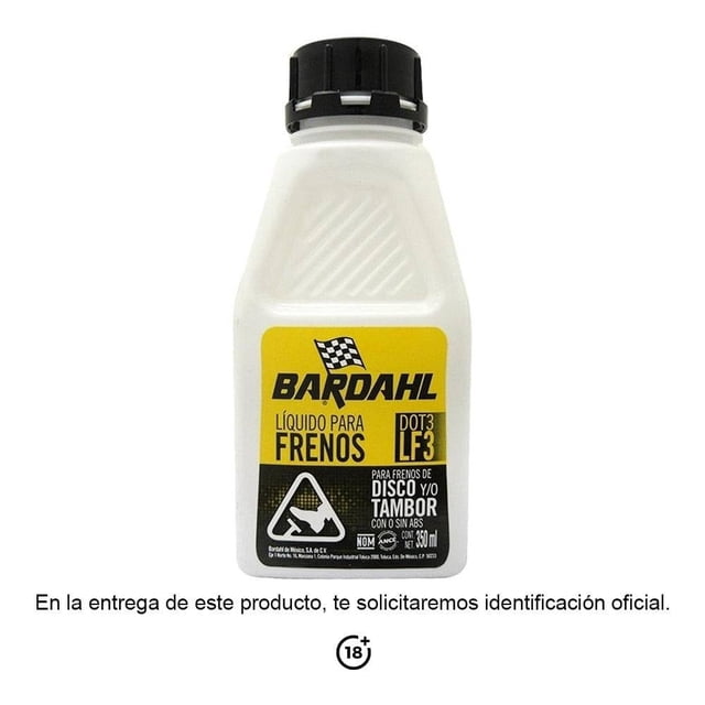 líquido para frenos bardahl dot3 lf3 350 ml botella frontal; envase plástico blanco con etiqueta amarilla y negra que muestra marca BARDAHL y texto 'Líquido para frenos DOT3 LF3', tapa rosca negra, leyenda visible 'para frenos de disco y/o tambor' y 'con o sin ABS', presentación 350 ml, fondo blanco; suele usarse para mantenimiento anual del sistema de frenos.