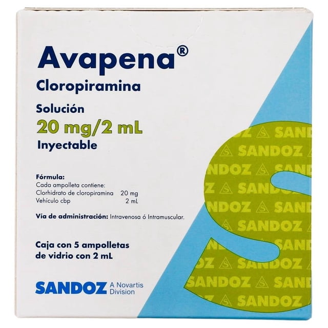 Avapena Cloropiramina 20 mg/2 ml solución inyectable 5 ampolletas 2 ml c/u