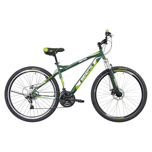 bicicleta montaña ignition r29 verde unitalla hombre benotto benotto ignition vista lateral de bicicleta de montaña verde oscuro con cuadro de acero Hiten y horquilla suspensión en acero; logo Benotto en tubo diagonal, sillín ergonómico negro con detalles verdes; manubrio y potencia en acero Hiten; frenos de disco delantero y trasero; transmisión SHIMANO TOURNEY 21V (cassette 7P 14/28D, platos 48-38-28D); rines aluminio doble pared y llantas 29x1.95; fondo blanco. Suele usarse también para paseos recreativos y senderos ligeros.
