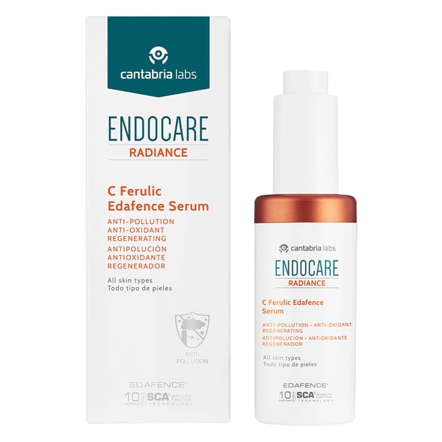 suero endocare radiance c ferulic edafence 30ml frasco dispensador blanco con cuello metálico cobrizo y caja blanca frontal, vista centrada; etiqueta con logo Endocare Radiance y texto que indica suero antioxidante antipolución para cara, cuello y escote; a menudo usado como suero de viaje por su tamaño compacto.