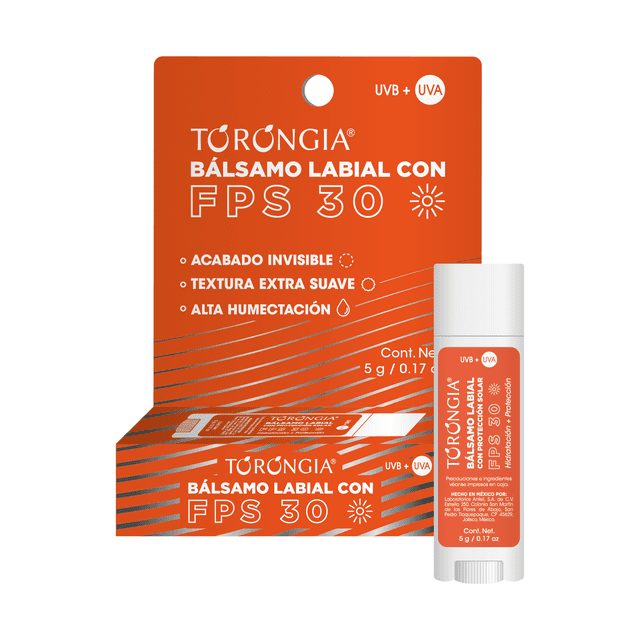 torongia protector solar balsamo de labios fps 30_5 gr. Tubo de bálsamo labial Torongia (5 g) con etiqueta naranja y tapa blanca sobre su blister naranja; empaque muestra FPS 30, acabado invisible, textura extra suave y alta humectación.