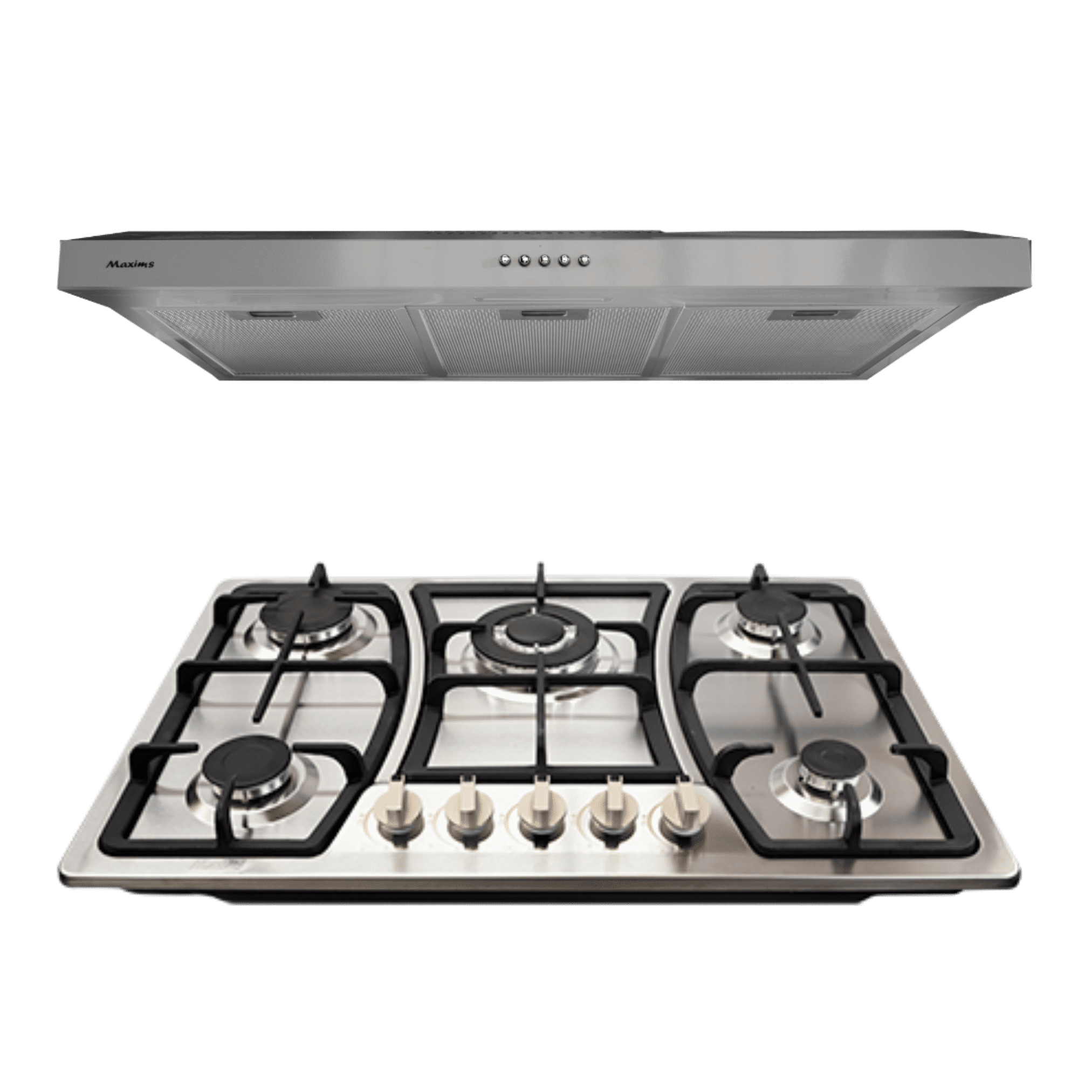 Parrilla Empotrable a Gas Maxims 5 Quemadores Acero Inoxidable 76x51cm + Campana 80 cm.