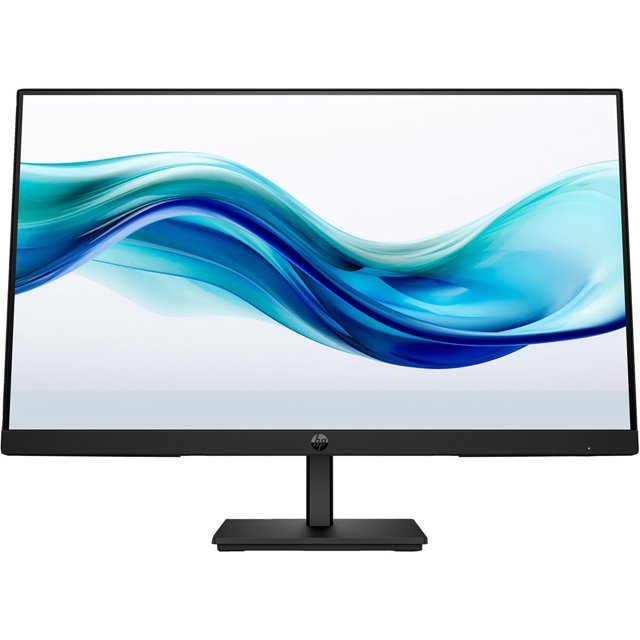 monitor hp serie 3 pro de 23.8" Full HD 1920 x 1080, 100 Hz, 5 ms, color negro — vista frontal centrada de pantalla IPS de 23.8" con biseles delgados y base negra ajustable con inclinación; muestra gráfico azul ondulado en pantalla y superficie antirreflejo indicada en especificaciones; adecuado para oficina y uso multimedia.