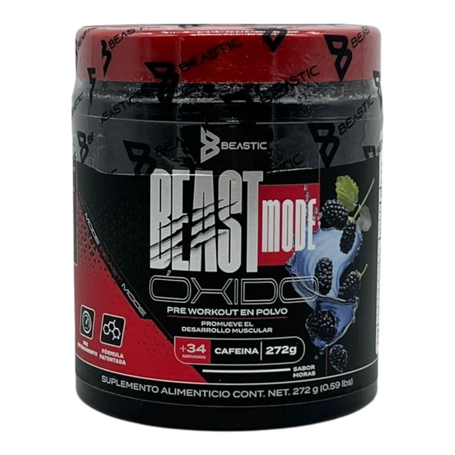 beastic beast mode óxido | pre workout en polvo | 272g | +34 servicios | sabor moras|con cafeina envase frontal cilíndrico con etiqueta negra y roja y logo BEASTIC, texto grande "BEAST MODE ÓXIDO", ilustración de moras y salpicadura morada; suplemento pre-entreno en polvo 272 g (0.59 lbs), más de 34 servicios, contiene cafeína; sugerido para disolver en agua y consumir antes del entrenamiento.