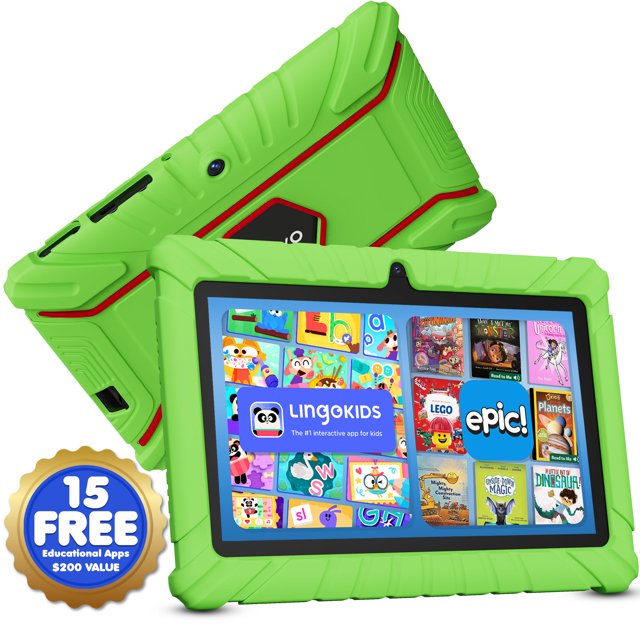 tablet infantil Contixo V8-2 de 7 pulgadas verde con funda protectora resistente, vista 3/4 frontal y trasera; pantalla HD 7" (1024 x 600) mostrando apps educativas como LingoKids y Epic, cámara frontal centrada en el marco, botones laterales y puerto de carga visibles; Android 13, 32GB ROM con ranura microSD, control parental, WiFi y Bluetooth. suele usarse también como dispositivo de entretenimiento portátil para viajes familiares.
