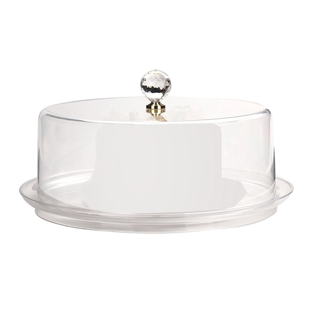 soporte para pasteles con cúpula transparente, expositor de pasteles, molde para pasteles, plato para pasteles, soporte para pasteles 34x34x13cm Vista frontal centrada del soporte para pasteles Vortess de 34x34x13cm con base circular plana y cúpula acrílica transparente; tapa tipo domo con pomo facetado metálico y superficie lisa. Adecuado para exhibir pasteles y postres en bodas y fiestas; a menudo usado también como bandeja para servir o fuente de postres.