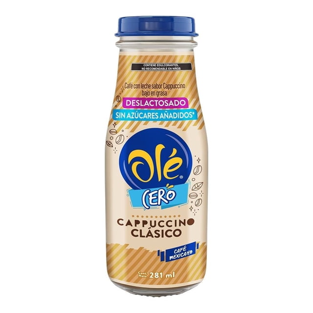 café con leche olé cero clásico 281 ml botella frontal; bebida embotellada deslactosada sin azúcares añadidos, logotipo Olé Cero en etiqueta azul y amarillo, texto "Cappuccino Clásico", tapa azul, contenido 281 ml visible.