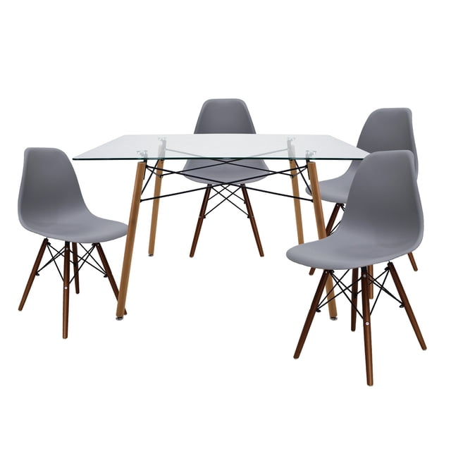 set de comedor mundo in cristal 120 cm oslo y 4 sillas eames gris base nogal minimalista Vista frontal de mesa rectangular de cristal 120 cm con soporte metálico negro y cuatro sillas Eames gris de asiento curvo y patas de nogal con refuerzos en cruz; fondo blanco aislado, diseño minimalista para comedor de cuatro personas, suele usarse también como mesa de trabajo compacta para home office.
