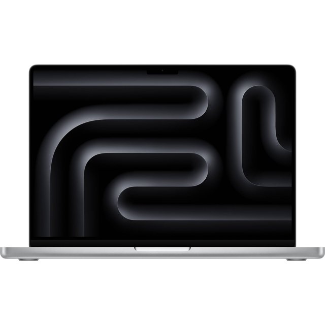 portátil apple macbook pro de 14 pulgadas - chip apple m4 pro diseñado para apple intelligence - memoria de 24 gb - ssd de 512 gb - plateado, vista frontal centrada de la laptop abierta con pantalla Liquid Retina XDR mostrando fondo abstracto oscuro, cámara integrada en el bisel superior y cuerpo exterior plateado visible; ideal para flujos de trabajo profesionales y a menudo usada para edición y desarrollo en movimiento.