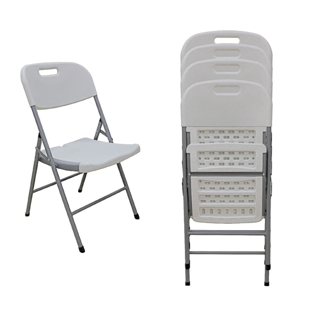 sillas plegables de plástico blancas 4pz reforzadas styrka para fiesta y jardín Juego de 4 sillas plegables blancas STYRKA, vista individual y apiladas; asiento y respaldo de plástico texturizado con asa, armazón metálico reforzado gris con patas antideslizantes, soportan hasta 150 kg, plegables para almacenamiento compacto y transporte en eventos.