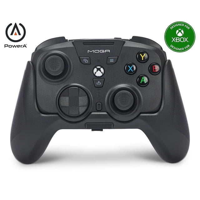 moga xp-ultra multi-platform control inalámbricomobile, pc and xbox series x|s power a xbox — Control inalámbrico PowerA XP-ULTRA negro, vista frontal centrada con agarres de goma ergonómicos de tamaño completo, dos joysticks asimétricos texturizados, d-pad disco, botones A/B/X/Y de color, botones de menú y guía Xbox en el centro, puerto de carga inferior y clip para juegos móviles visible; compatible con Xbox Series X|S, Xbox One, Windows 10/11 PC y Android; a menudo se usa también como controlador portátil para juegos móviles.