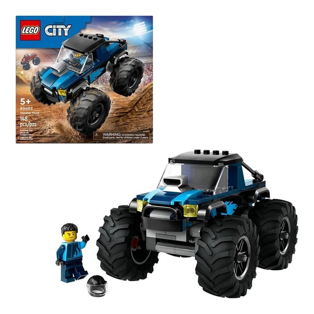 set lego city monster truck azul 60402 camión monstruo 3/4 frontal con carrocería azul, grandes neumáticos negros, parabrisas transparente y parachoques; incluye minifigura con casco desmontable; 148 piezas, recomendado desde 5 años; ideal también para exhibir en estantes de juguetes.