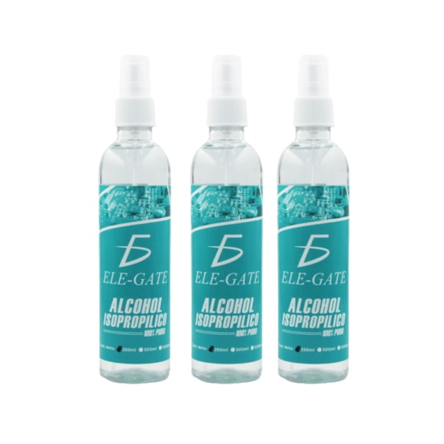 alcohol isopropílico 250 ml 3pz 24 tecno Kit de tres botellas de 250 ml con atomizador, envases transparentes y etiqueta turquesa que indica 'Alcohol Isopropílico' y logo, alineadas frontalmente sobre fondo blanco; indicado para limpieza de componentes electrónicos y adecuado para botiquines domésticos.