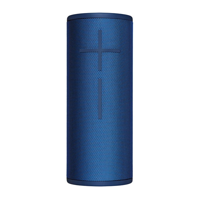 altavoz bluetooth ultimate ears boom 3 bold sound blue Vista frontal centrada del altavoz Bluetooth Ultimate Ears Boom 3 en azul, cilindro portátil con tejido de rendimiento de dos tonos, grandes botones de volumen '+' y '–' en relieve en el frente, bordes superior e inferior con acabado mate y textura textil visible; a menudo usado para sonido ambiental en reuniones al aire libre.