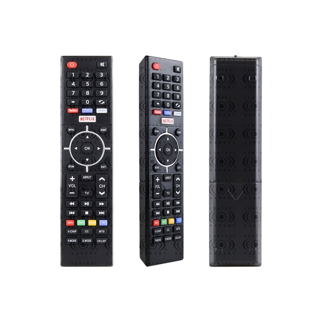 control remoto control expert vios rca element smart tv netflix youtube control remoto negro en vistas frontal y 3/4; botones dedicados Netflix y YouTube, cruceta circular con OK, teclas numéricas, controles de volumen y canal, botones de reproducción y teclas de color para accesos rápidos; respaldo liso visible. Ideal también para reemplazo genérico en televisores VIOS y modelos compatibles.