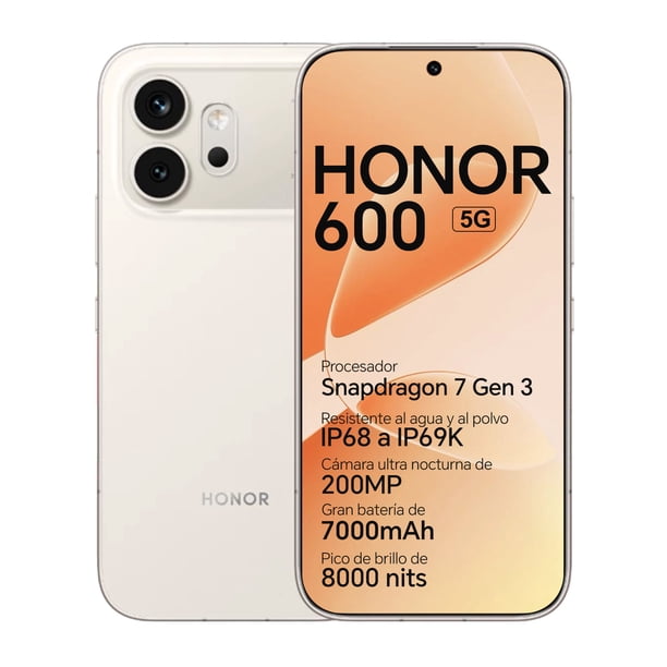 Teléfono HONOR 600 5G 16GB(8+8) RAM 256GB ROM Cámara 200MP Pantalla AMOLED 120Hz Batería 7000mAh, eSIM, Dorado Platino
