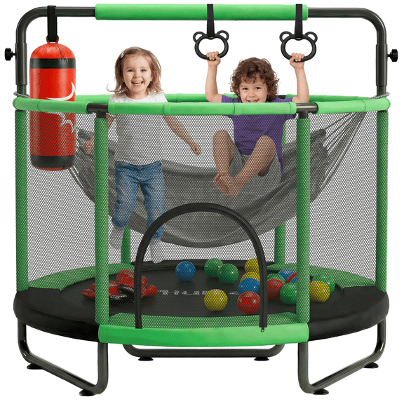 Trampolín Brincolín Infantil Hurtle, 140cm de Diamentro con Red de Seguridad, Barral de Altura Ajustable 157-168cm, Incluye Saco de Boxeo, Hamaca, Aros y 20 Pelotas, Soporta 55Kg, Interior y Exterior