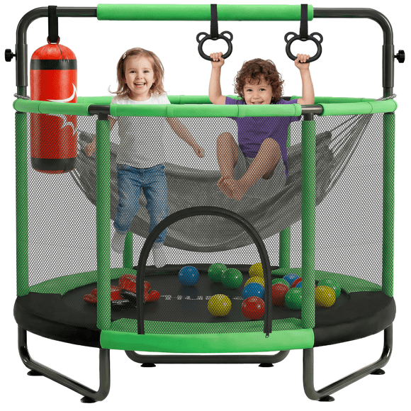 Trampolín Brincolín Infantil Hurtle, 140cm de Diamentro con Red de Seguridad, Barral de Altura Ajustable 157-168cm, Incluye Saco de Boxeo, Hamaca, Aros y 20 Pelotas, Soporta 55Kg, Interior y Exterior