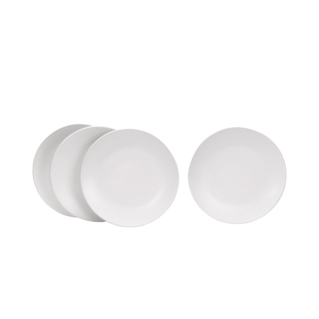 juego de platos ensaladeros de cerámica crown baccara 4 piezas para 4 personas matchblancs-s Blanco, cuatro platos ensalada de 20 cm en cerámica con acabado satinado mate, forma plana y borde ligeramente elevado visibles en vista frontal sobre fondo neutro; aptos para microondas y lavavajillas. También adecuados para servir guarniciones o postres pequeños.