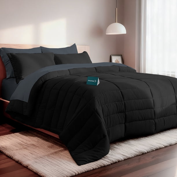 Set Edredón Acolchado Dreamlab con Fundas de Almohadas y Juego de Sábanas Hipoalergénico Matrimonial Sobredimensionado Negro y Grafito